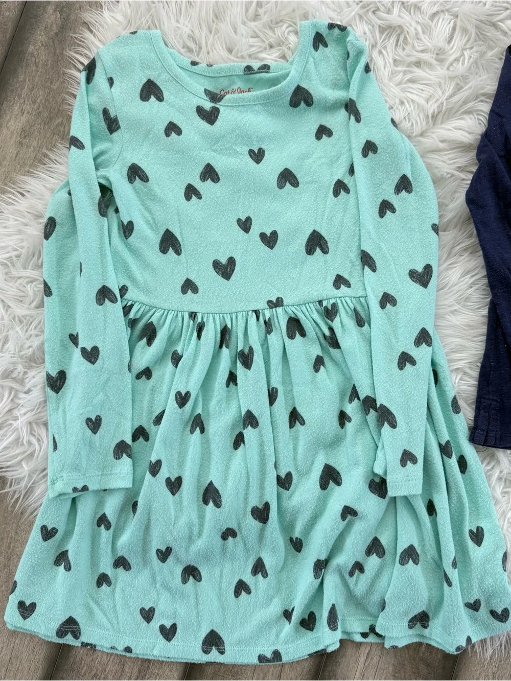 Cat & Jack M 7/8 Mint Green Heart Print Dress and Long Sleeve Sparkly Navy Shirt